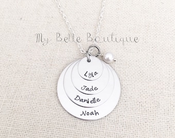 Stacked Quad Personalized Hand Stamped Necklace with White Swarovski Pearl