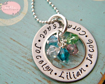 Personalized Hand Stamped Eternity Washer Necklace with Family Names and Swarovski Birthstones