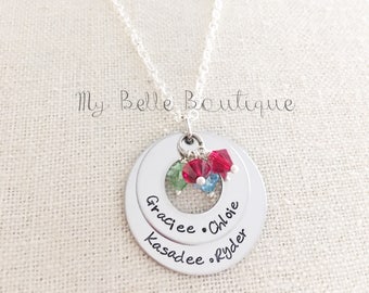 Personalized Hand Stamped Double Washer Necklace with Swarovski Birthstone Charms