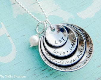 Personalized Hand Stamped Quadruple Stacked DOMED Cupped Name Discs Necklace with Ivory Swarovski Pearl Charm