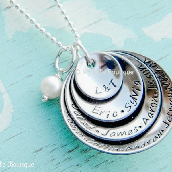 Personalized Hand Stamped Quadruple Stacked DOMED Cupped Name Discs Necklace with Ivory Swarovski Pearl Charm