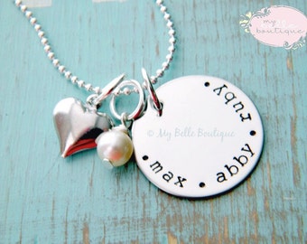 Personalized Hand Stamped Necklace with Heart and Swarovski Pearl Dangle Charms