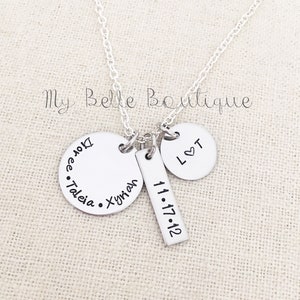 Unique Personalized Hand Stamped Names Necklace on Three Differently Shaped Tags Round Circle Long Rectangle Square image 1