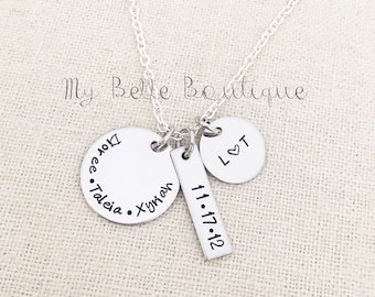 Unique Personalized Hand Stamped Names Necklace on Three Differently Shaped Tags - Round Circle Long Rectangle Square