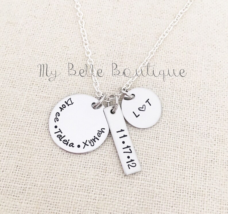 Unique Personalized Hand Stamped Names Necklace on Three Differently Shaped Tags Round Circle Long Rectangle Square image 1