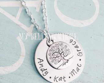 Personalized Hand Stamped Family Tree Necklace for Mom Grandma Present