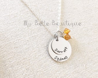 Personalized Hand Stamped Double Disc Necklace with Swarovski Birthstones Mommy Jewelry