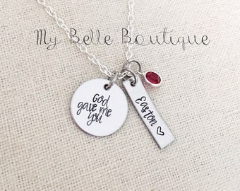 God Gave Me You Personalized Hand Stamped Necklace with Drop Style Swarovski Birthstone