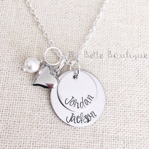 Personalized Mother's Necklace Two Discs Pearl and Heart Charms Hand Stamped image 1