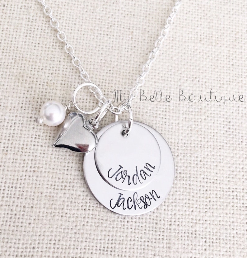 Personalized Mother's Necklace Two Discs Pearl and Heart Charms Hand Stamped image 1