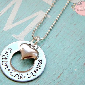 1 inch Personalized Hand Stamped Washer Necklace With Silver Tone Heart Charm image 1