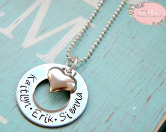 1 inch Personalized Hand Stamped Washer Necklace With Silver Tone Heart Charm