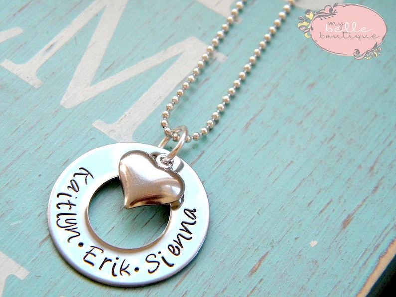 1 inch Personalized Hand Stamped Washer Necklace With Silver Tone Heart Charm image 1