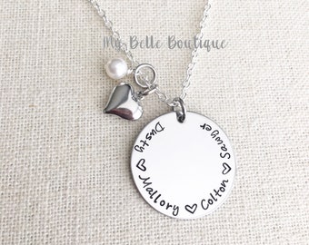 Personalized Hand Stamped Necklace with Heart and Swarovski Pearl Dangle Charms