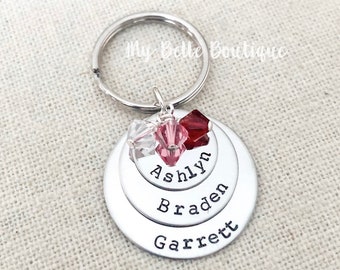 Personalized Hand Stamped Triple Round Disc Keychain / Key Chain with Swarovski Birthstones