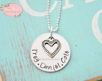 Personalized Hand Stamped Family Names Necklace with Unique Funky Heart Charm