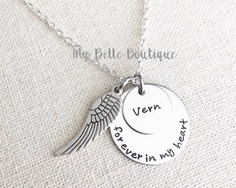 Personalized Memorial Necklace with Angel Wing Charm - Forever In My Heart - Hand Stamped