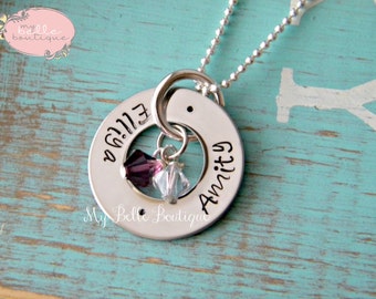 SMALL Personalized Hand Stamped Eternity Washer Necklace with Family Names and Swarovski Birthstones