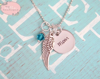 Personalized Hand Stamped Memorial Necklace with Angel Wing Charm and Birthstone