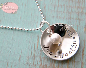 Personalized Hand Stamped DOMED Cupped Necklace with Ivory Swarovski Pearl Charm
