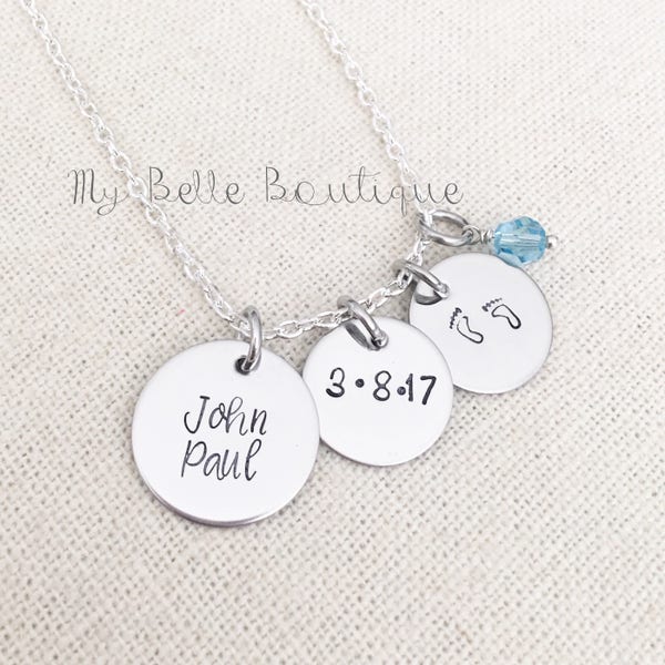 Personalized Hand Stamped Necklace with Baby Foot Prints, Name, Birth Date and Birthstone