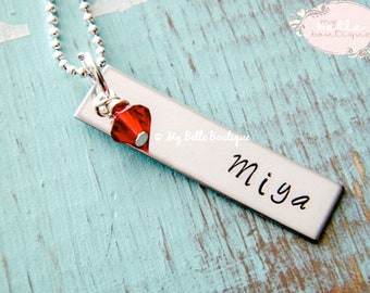 Personalized Hand Stamped Single Rectangle Tag Necklace with Swarovski Birthstone Charm