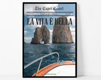 Newspaper Print Italy Wall Art, Capri Print, Amalfi Coast Print, Italy Printable Wall Art, Mediterranean Decor, Italy Print Digital Download