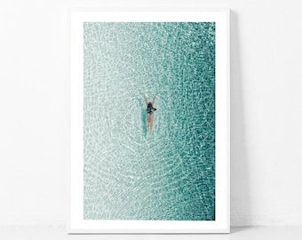 Aerial Swim Print, Ocean Print, Aerial Photography, Aerial View, Woman Swimming, Light Blue Wall Art, Beachy Wall Art, Summer Poster Surf