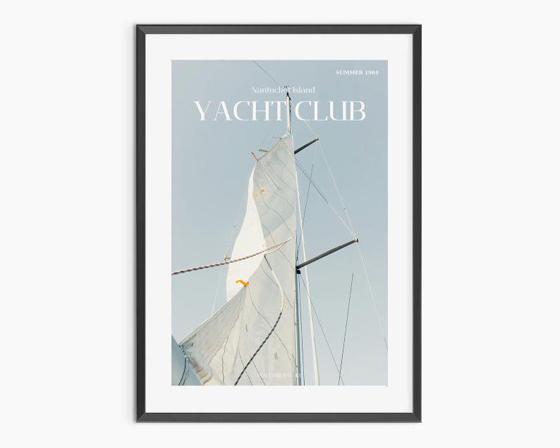 May include: A white sailboat with a large sail billowing in the wind. The sail is partially obscured by the mast and rigging. The text "YACHT CLUB" is printed in white on a blue background.