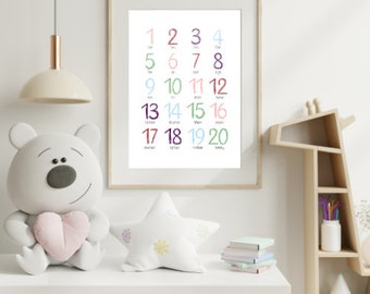 Printable Numbers Poster for Nursery | Educational Wall Art for Kids Room | Colorful 1-20 Counting Print | Digital Download for Learning