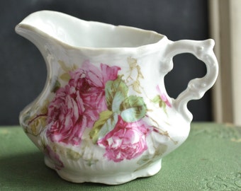 Miniature Garden Rose Glass Pitcher - China Creamer - Patterned Glass