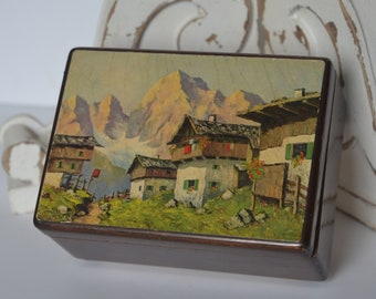 Vintage Music Box - Lidded Mirror Box - Swiss Village Box - Wind-Up Music Box