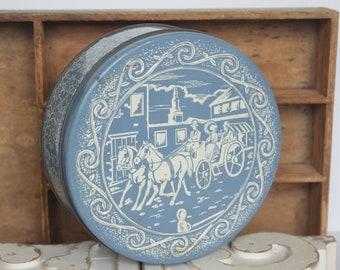 Vintage Blue and White Fruit Cake Tin - Horse and Carriage Tin - Retro Storage Small Spaces