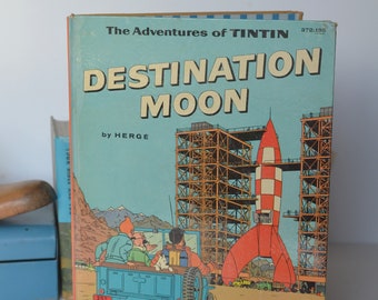 1960 Adventures of Tintin Book - Destination Moon - Midcentury Space Exploration - Vintage Children's Literature