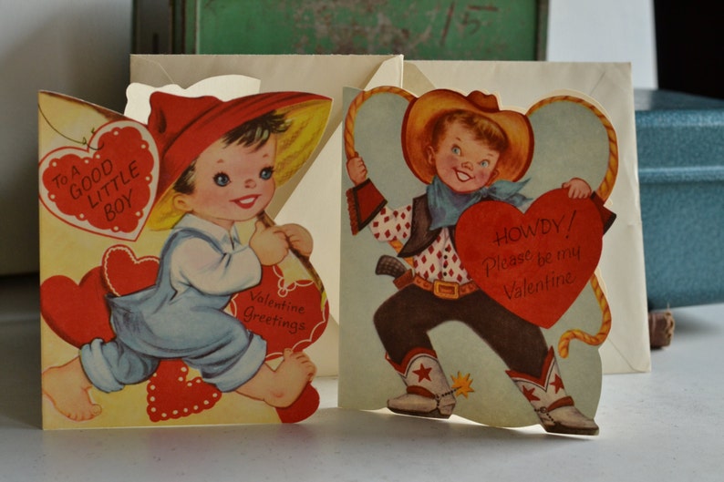 Pair of Mid-Century Valentines Cowboy Valentine Fishing Boy Valentine image 1