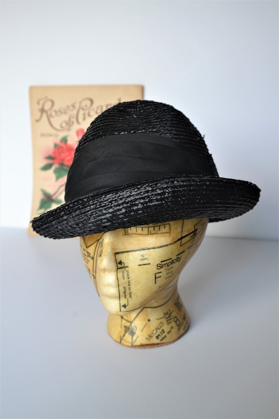 Retro Duby Black Straw Hat - Black Ribbon Band - … - image 1