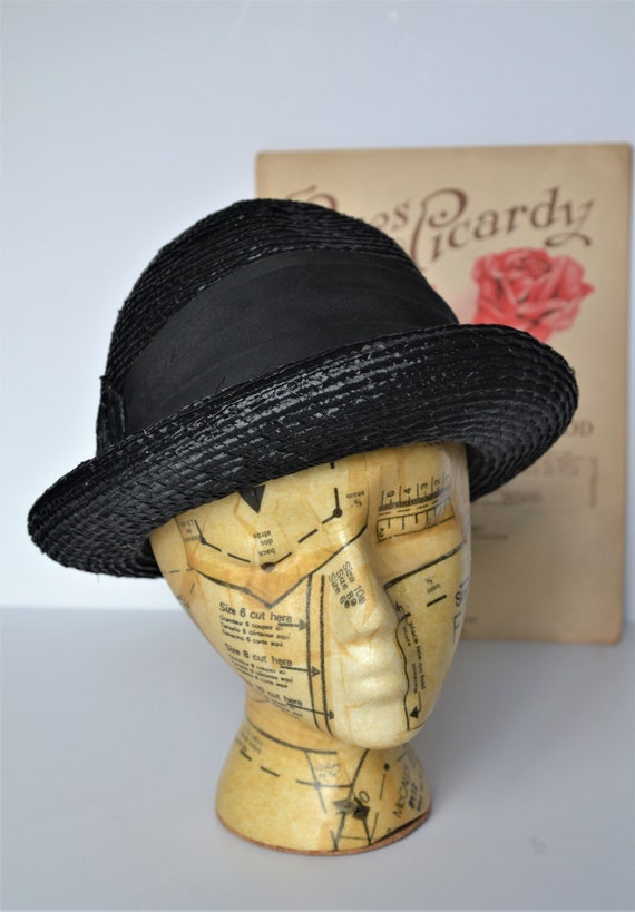 Retro Duby Black Straw Hat - Black Ribbon Band - … - image 2