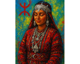 Retrato de mujer bereber con vestimenta amazigh / Lámina de arte étnico para el hogar, póster amazigh