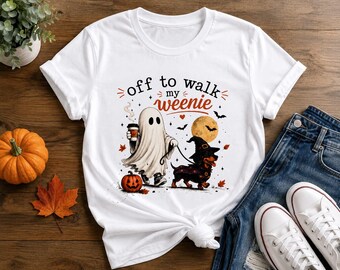 Ghost Walking Dachshund Halloween Shirt, Off to Walk My Weenie Tee, Funny Dog Lover Shirt, Wiener Dog Halloween Gift