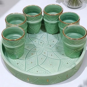 Moroccan Ceramic Tea Set with Tray – Handmade Pottery Cups – Moroccan Decor for Kitchen & Dining, arabic coffee cup, moroccan tea set