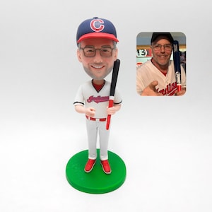 May include: A baseball-themed bobblehead figurine of a man wearing a baseball cap and uniform, holding a bat. The figurine is on a green base. An inset image shows a man in a baseball jersey.