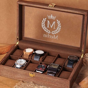 Gepersonaliseerde horlogekast voor mannen, op maat gegraveerde horlogedoos, jubileumcadeaus voor hem, cadeau voor vader echtgenoot vriend, opbergkoffer horloge