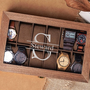 Op maat gegraveerde horlogedoos, gepersonaliseerde verjaardagscadeaus voor hem, horlogekast voor mannen, horloge opbergkoffer, cadeau voor vader echtgenoot vriend