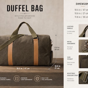 May include: An olive green canvas duffel bag with tan leather accents, featuring two top handles and an adjustable shoulder strap. Dimensions are 18.5 inches long, 10.6 inches wide, and 11.8 inches high. Includes metal hardware and a side pocket.
