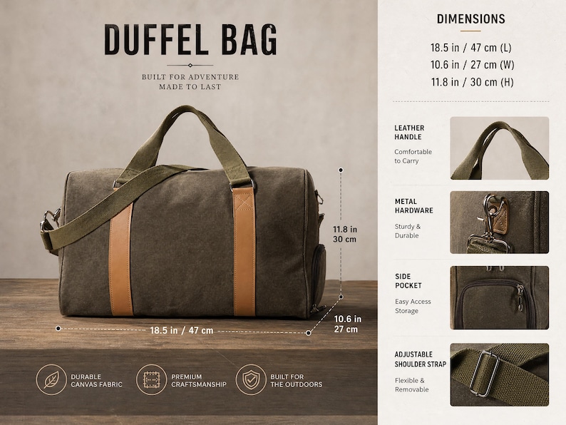 May include: An olive green canvas duffel bag with tan leather accents, featuring two top handles and an adjustable shoulder strap. Dimensions are 18.5 inches long, 10.6 inches wide, and 11.8 inches high. Includes metal hardware and a side pocket.