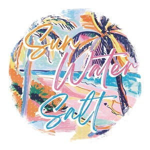 May include: A colorful, circular graphic with the words "Sun Water Salt" in a playful font. The design features a beach scene with palm trees, sand, and ocean, rendered in pastel colors like orange, pink, and blue.