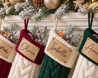 Personalized Christmas Stockings, Engraved Leather Patch Stockings, Family Knitted Stockings, Family Xmas Gift, Holiday Decor
