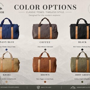 May include: Six duffel bags in navy blue, coffee, black, khaki, brown, and army green. Each bag features two top handles and light brown vertical accent straps. The image includes text: COLOR OPTIONS, BUILT FOR ADVENTURE, OUTDOOR EST. 2024.