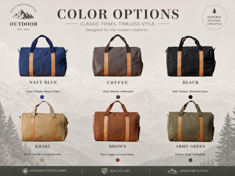 May include: Six duffel bags in navy blue, coffee, black, khaki, brown, and army green. Each bag features two top handles and light brown vertical accent straps. The image includes text: COLOR OPTIONS, BUILT FOR ADVENTURE, OUTDOOR EST. 2024.