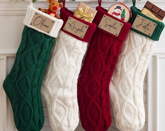 Personalized Leather Patch Christmas Stockings, Engraved Family Knitted Stockings, Holiday Decor